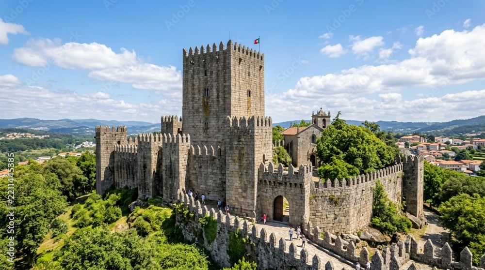 Obraz premium Medieval castle fortress on a hill, historic architecture, ancient stone ramparts, blue sky