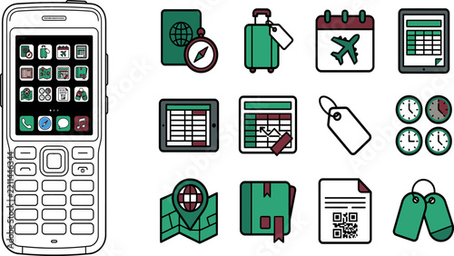 Collection of travel and planning icons on smartphone screen with transparent background