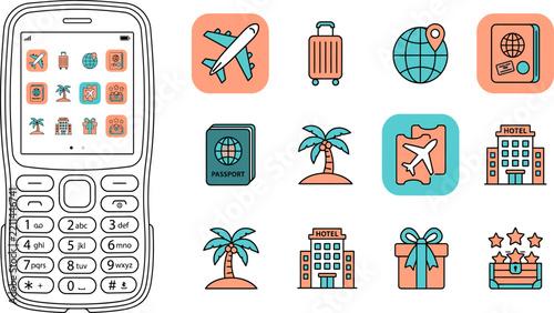Colorful travel and vacation icons on smartphone screen with transparent background