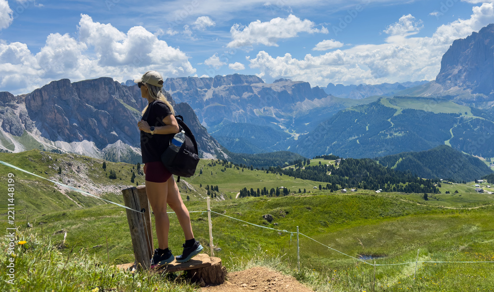 Obraz premium hiking in the mountains, The dolomites, Val Gardena, Italy 