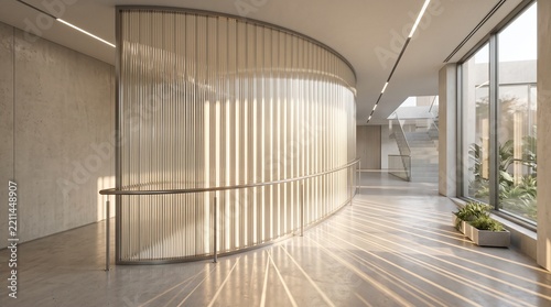 Modern Minimalist Interior with Curved Fluted Glass Wall and Natural Light