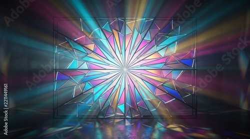 Colorful Geometric Glass Window Sculpture with Volumetric Light Rays Abstract 3D Render