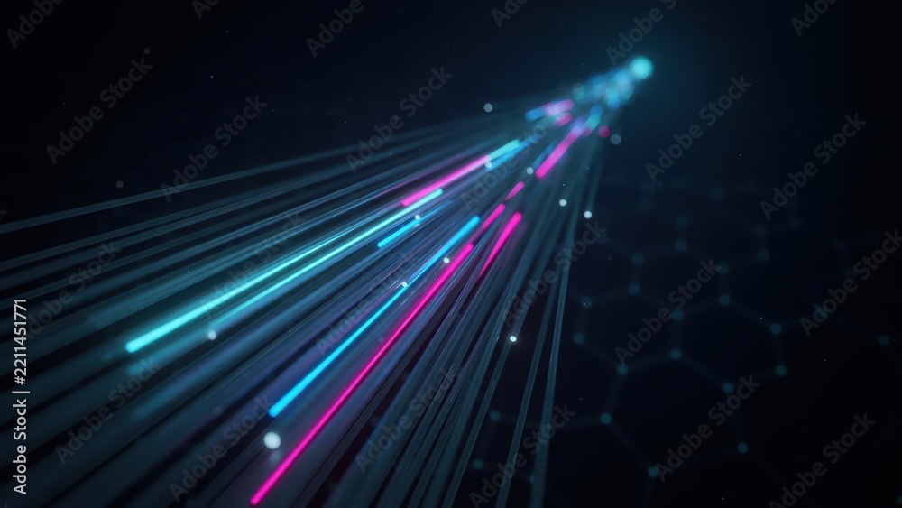 Fototapeta premium Fiber optic cables glowing with blue and pink light against a dark, futuristic background. Concept for high-speed data transmission.