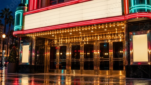 Retro movie theater marquee lights up at night with vibrant neon. The blank sign offers ample space for custom text. This classic venue evokes entertainment, nostalgia, and nightlife