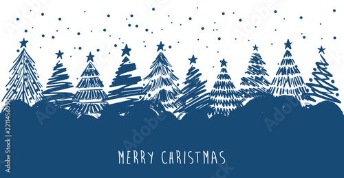 Christmas Card with Hand Drawn Winter Forest and Snowy Trees