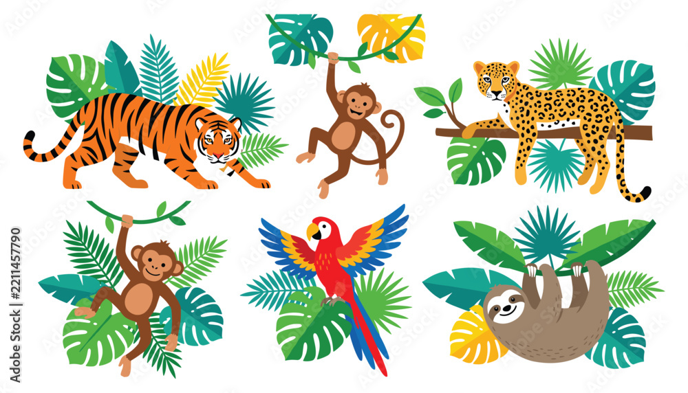 Obraz premium Tropical Jungle Animals Collection with Tiger, Monkey, Leopard, Parrot, and Sloth Among Exotic Leaves, Wildlife Illustration for Kids and Nature Designs