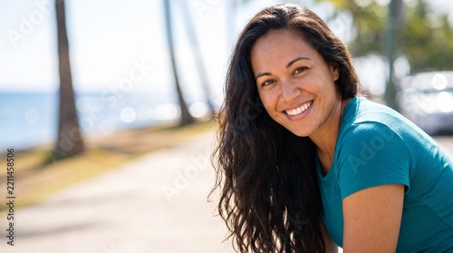Bright white smile headshot of a beautiful Native Hawaiian woman with wavy hair, happy positive expression, oceanfront path