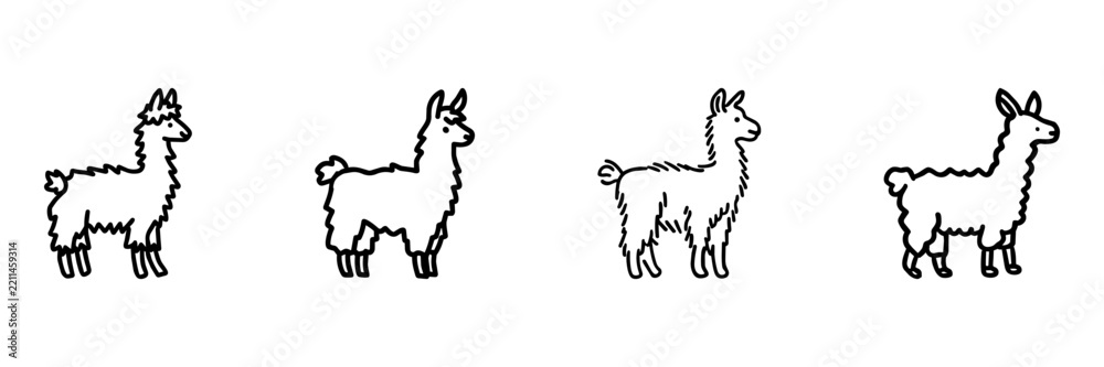 Obraz premium Llama And Alpaca Hand Drawn Doodle Icon Set. Farm Animal Sketch Symbol Collection. Agriculture And Petting Zoo Use. Isolated Vector Illustration