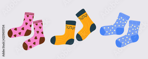 Cozy colorful socks collection. Cute socks with different patterns