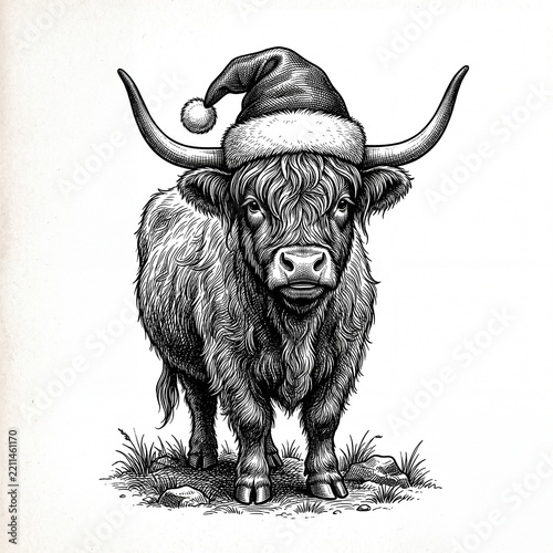 Highland cow wearing Santa hat, vintage engraving Christmas illustration isolated on white