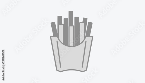 Simplified monochromatic grey vector graphic of a cartoon french fries container on a light grey background.