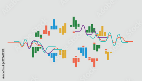 Abstract sound waves and colorful bar graphs mirrored around a horizontal line on a light grey background.