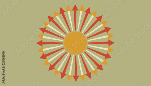 Vibrant retro style sunburst emblem featuring orange pointing arrows and cream stripes on dusty green background.