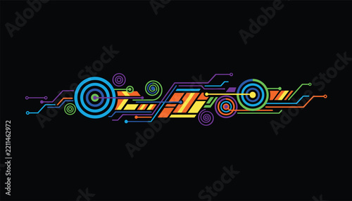 Abstract colorful technology graphic depicting electronic circuit lines and gears on a pitch black background.