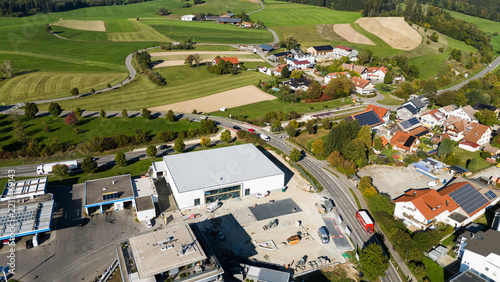 Aerial Drone View of Netto Supermarket and Road Interchange near Amtzell