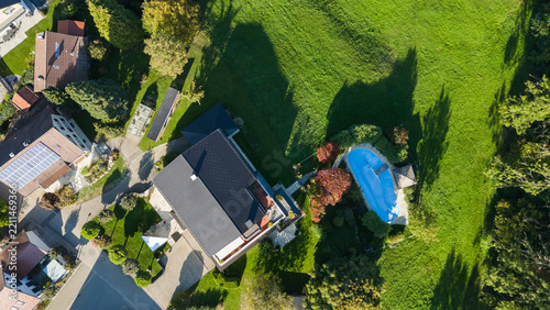 Aerial Drone View of Suburban Houses and Swimming Pool in Germany