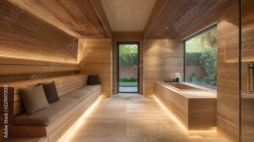sophisticated luxury home wellness suite designed around a seamless heat cold recovery sequence, minimalist wood sauna on one side, sculptural cold