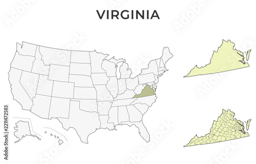 Virginia locator map with counties on a USA map