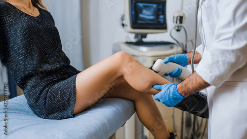 Doctor performing vascular ultrasound on woman's leg for diagnosis in a medical clinic.