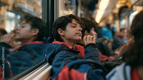 Calm And Relaxed. Two Young Boys, One Caucasian And One Hispanic, Resting With Eyes Closed On Train. Urban Setting During Afternoon Commute. Transportation Concept.