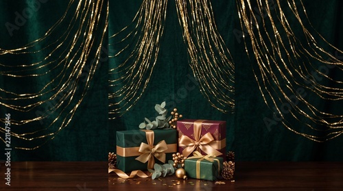 Elegant Christmas Gift Boxes on Green Velvet Backdrop