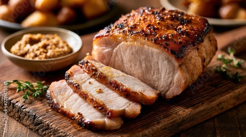 Oven-roasted pork loin with whole grain mustard on a rustic board