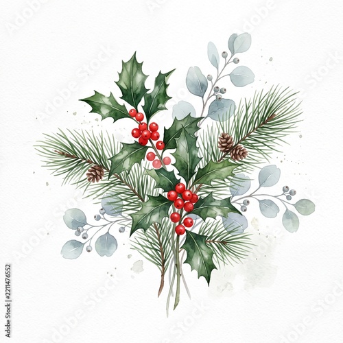 Watercolor winter bouquet with holly berries, pine branches and eucalyptus isolated on white