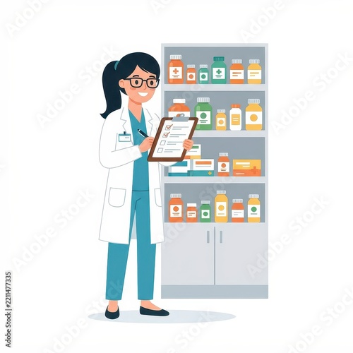 Female pharmacist with clipboard in pharmacy