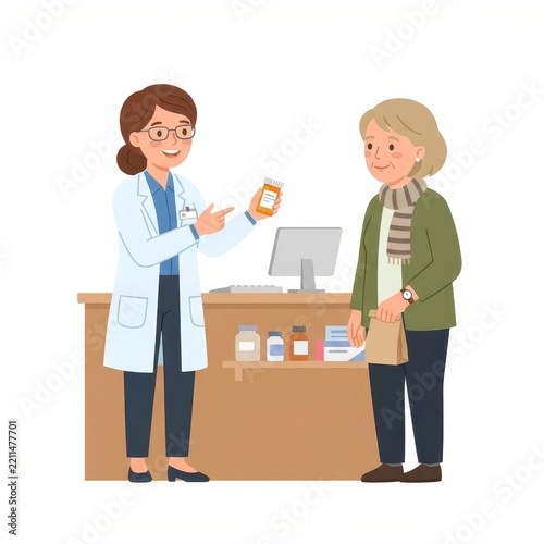 Pharmacist explaining medication to senior woman at pharmacy counter