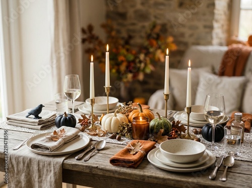 Rustic Autumn Dinner Table Setting with Pumpkins and Candles