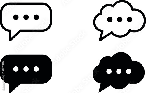Set of black and white speech bubble icons with dots for communication