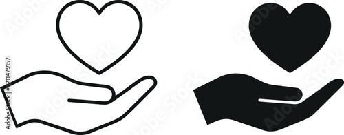 Black heart icon held in human hand silhouette illustration set