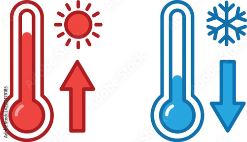 Thermometer icons showing high heat and cold temperature with arrows