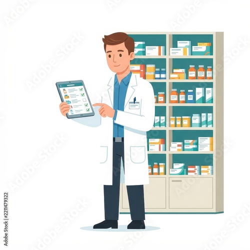 Pharmacist holding tablet in pharmacy illustration