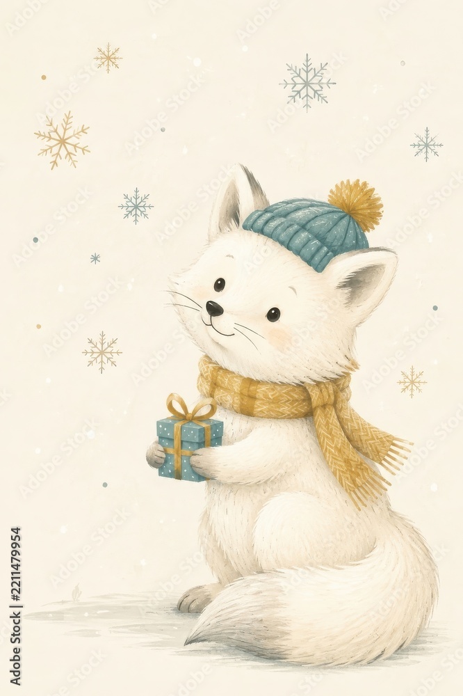 Fototapeta premium Cute winter fox holding gift beneath falling snowflakes