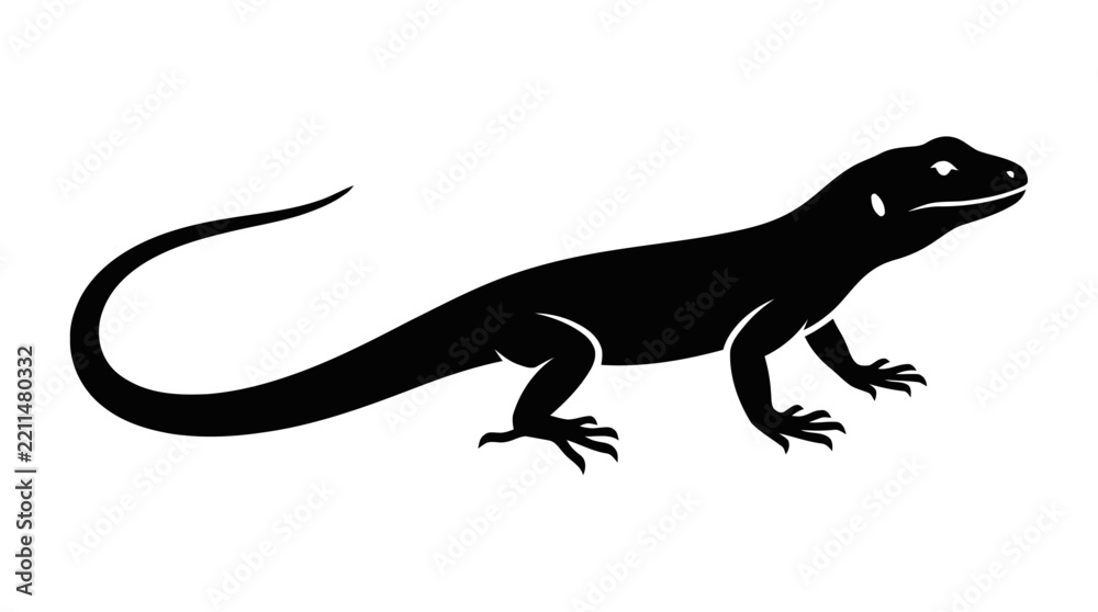 Fototapeta premium Minimalist black lizard silhouette isolated on white background for wildlife and reptile nature design elements