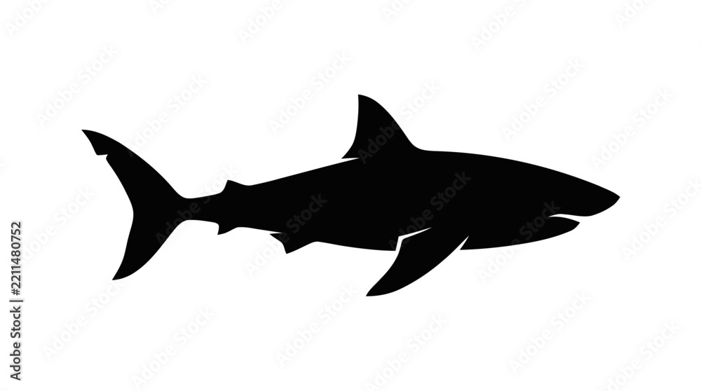 Obraz premium Minimalist Black Shark Silhouette Icon Isolated on White Background for Marine Life Graphic Design Projects and Ocean Conservation Awareness Art