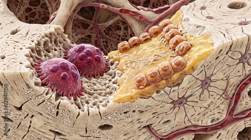 3D medical illustration of red blood cells and white blood cells in a blood vessel
