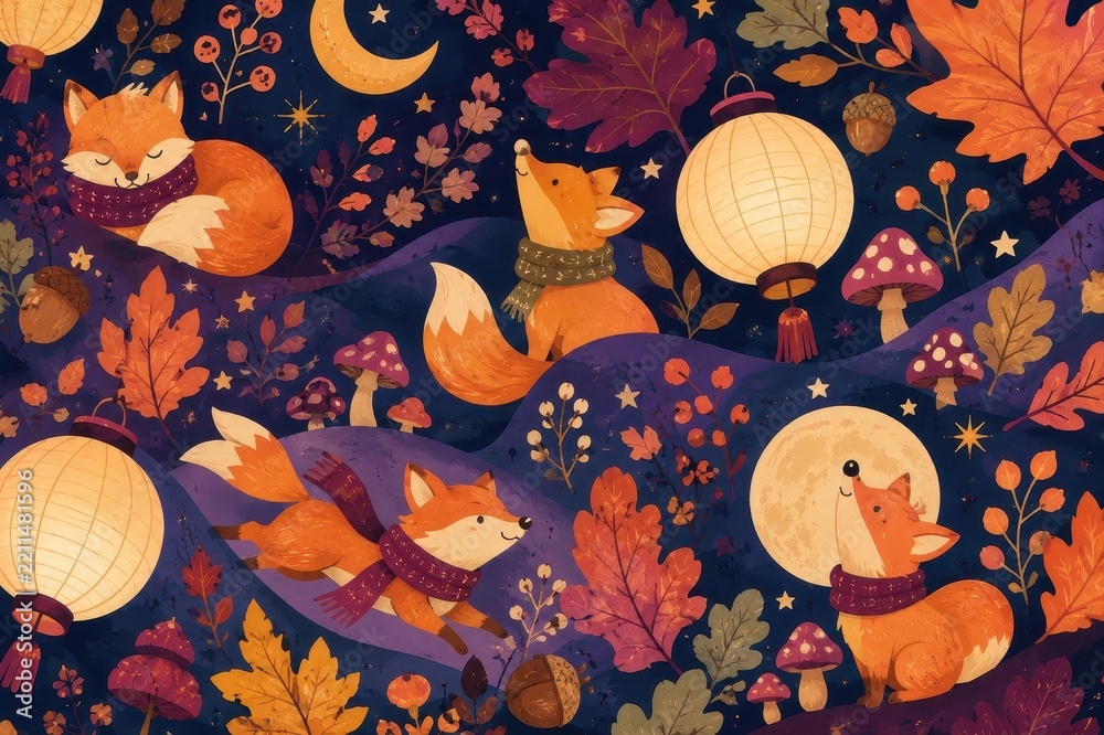 Fototapeta premium Whimsical autumn foxes beneath glowing lanterns and moon