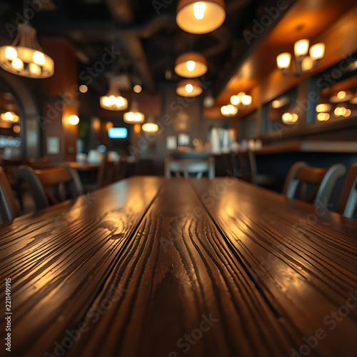 Empty wooden table inside a cozy restaurant with soft warm ambient lighting and blurred interior background