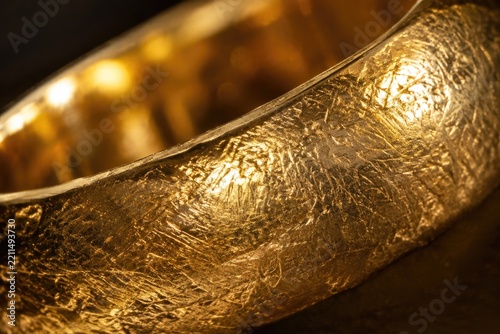 Macro close-up shot of a textured raw gold ring with gleaming metallic reflections and warm amber lighting, luxury jewelry design concept highlighting handcrafted artisan details