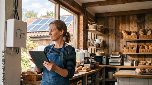 Baker using tablet to monitor solar energy system in bakery