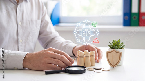 AI collusion detection and related party risk concept, man with tied wooden figures, magnifier, coins and wooden shield for fraud ring investigation, financial compliance and protection