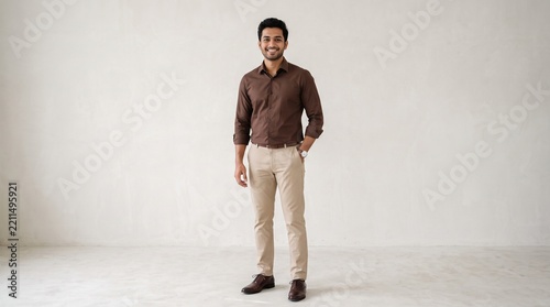 Full length portrait of a smiling young indian man wearing a brown shirt and beige trousers standing against a plain light wall