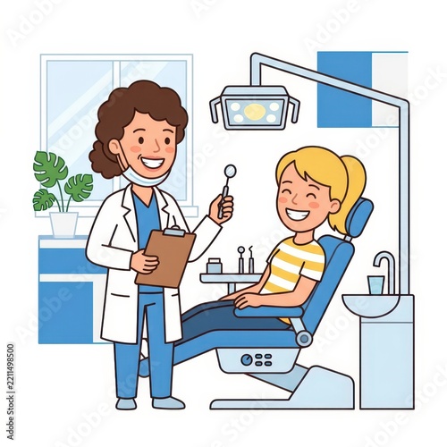 Dentist examining smiling young girl patient in clinic