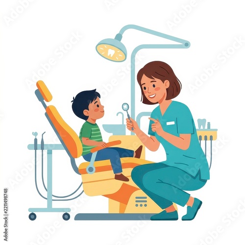 Little boy at dentist office with friendly female dentist