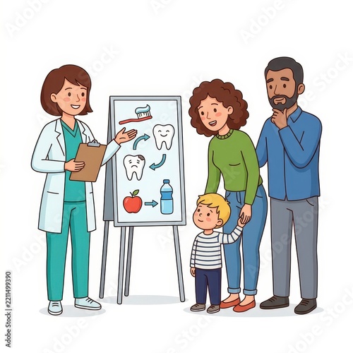 Dentist explaining dental hygiene to family illustration