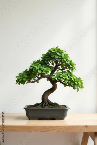 Minimalist desk, bonsai tree, white background, copy space, copy space, focus
