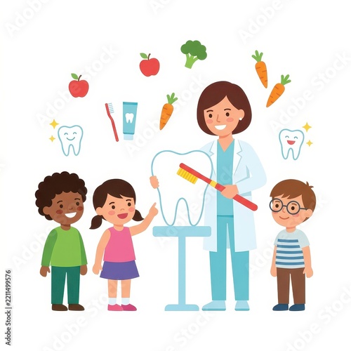 Dentist teaching children about dental health and hygiene