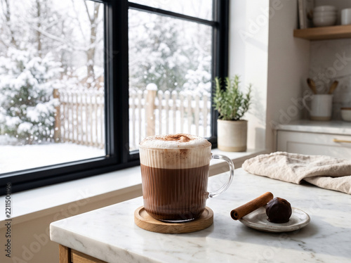 Hot Chocolate Mug with Froth Cinnamon Stick and Truffle on Marble Kitchen Counter